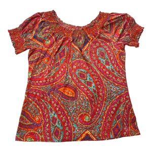 Boho Lauren Ralph Lauren Red Blue Orange Paisley Smocked Ruffle Blouse Sz L